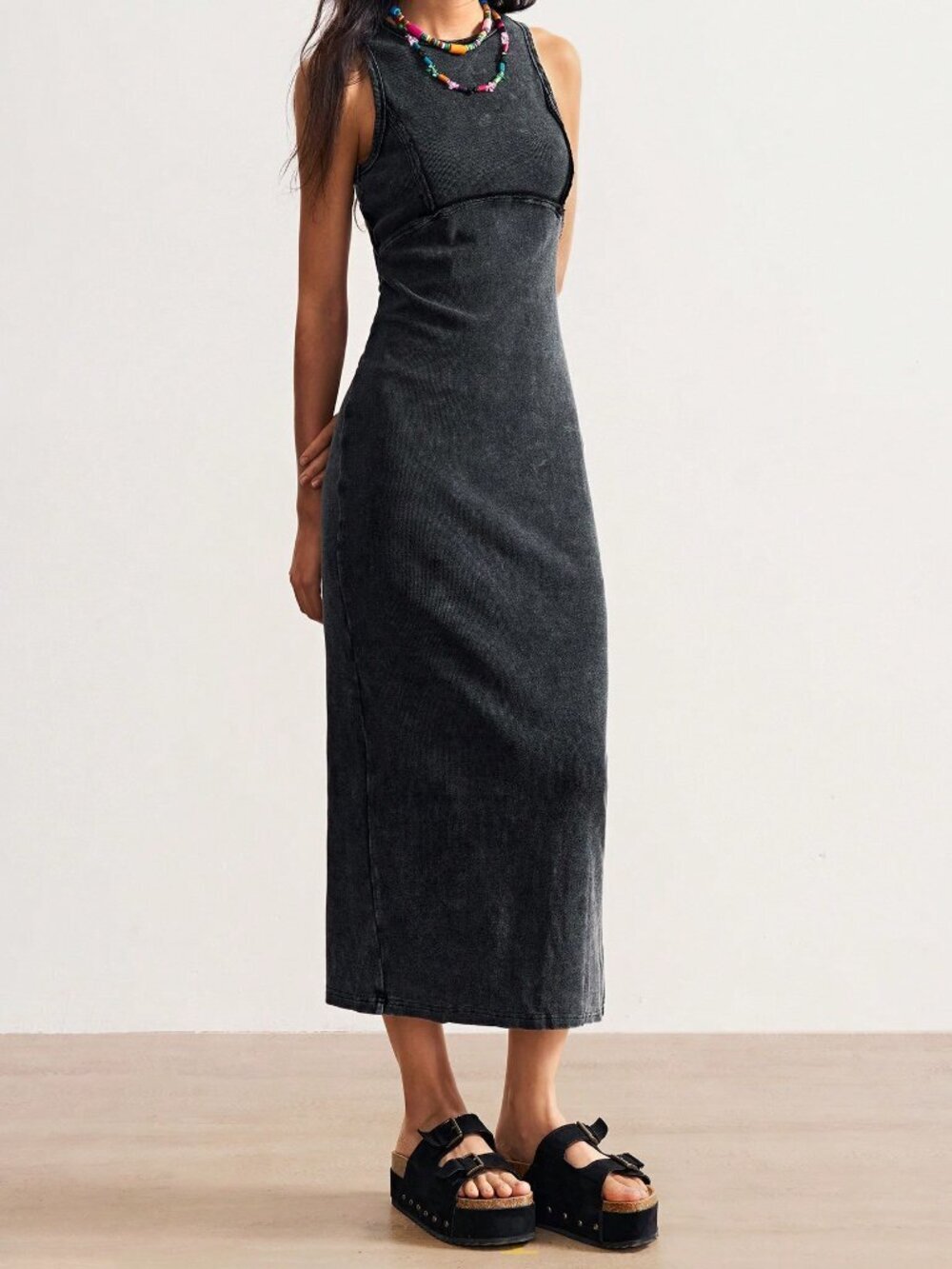 Black Casual Women's Knitted Fitted Sleeveless Round Neck Washed Long Dress
